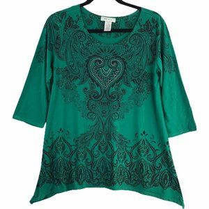 Womens Top Emerald Green Black Blouse Small S Slinky Heart 3/4 Sleeve Bejeweled